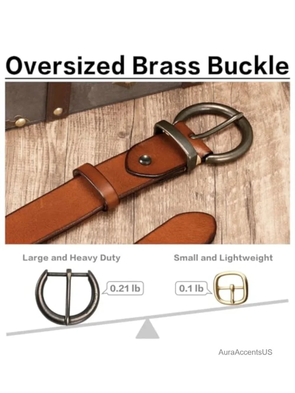 Vintage Full Grain Leather Belt with Brass Buckle, 1.5